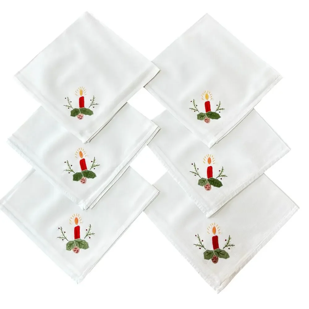White cotton Christmas holiday tablecloth appliqué & 6 matching napkins flaws